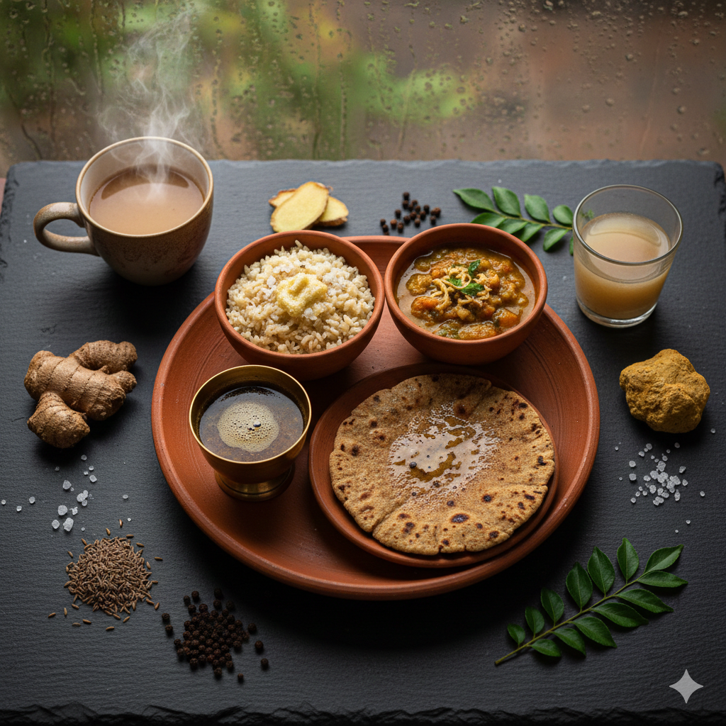 Monsoon (Varṣā Ṛtu) — Pathya Thali with seasonal foods, spices, herbs and beverages